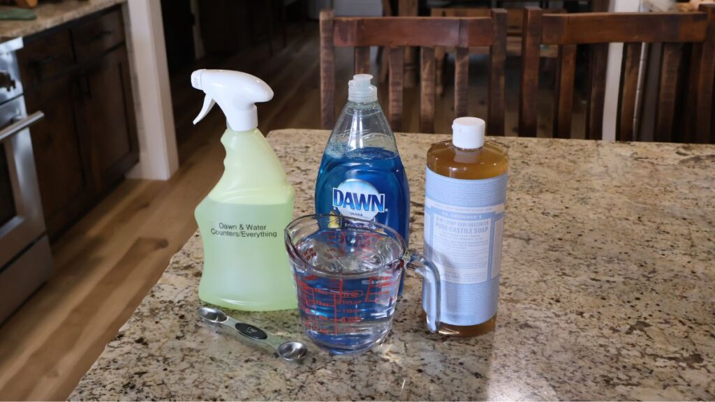 spray bottle, water, dish soap