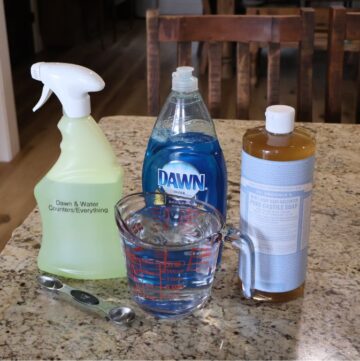 ingredients for kitchen cleaner DIY spray bottle, water, dish soap