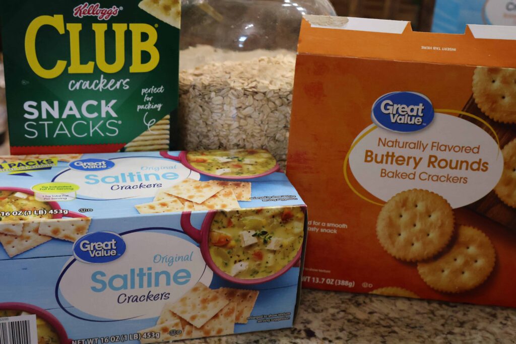 saltine crackers, butter crackers, club crackers and oats
