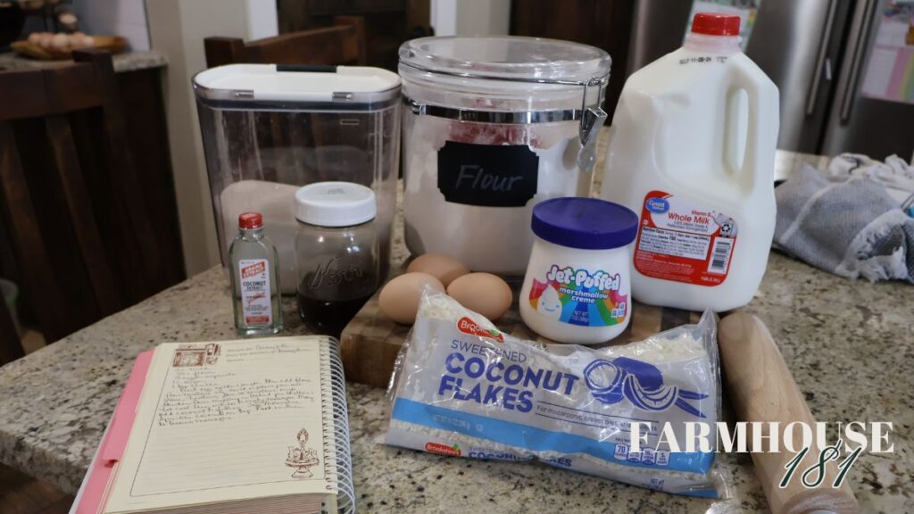 ingredients for coconut pie and marshmallow meringue