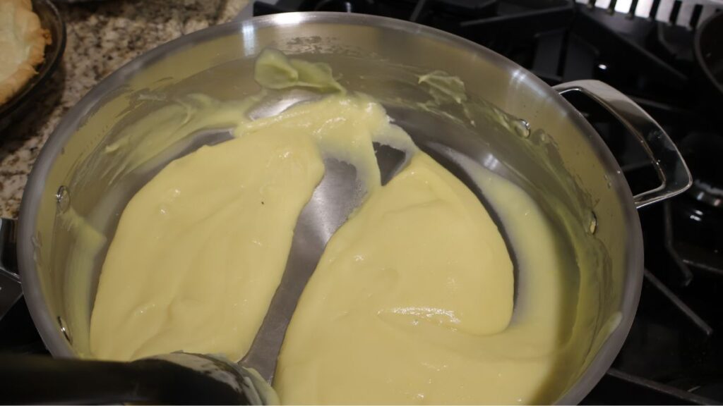 coconut pie filling in pan finished cooking