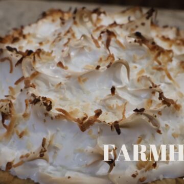 close up of marshmallow meringue on coconut pie