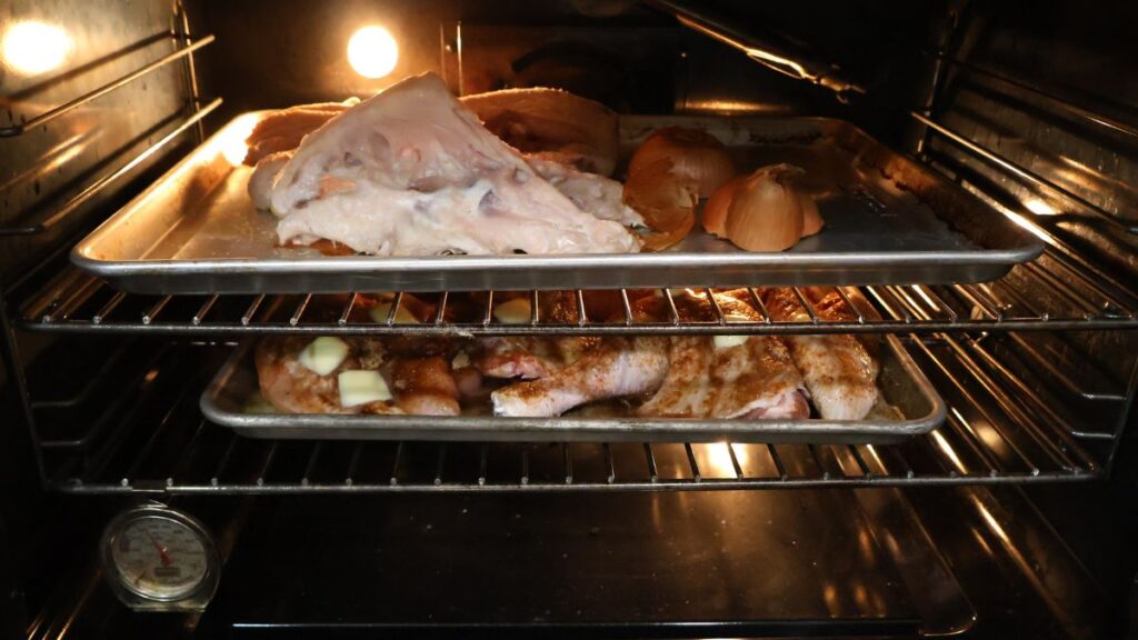 turkey and broth scraps in oven