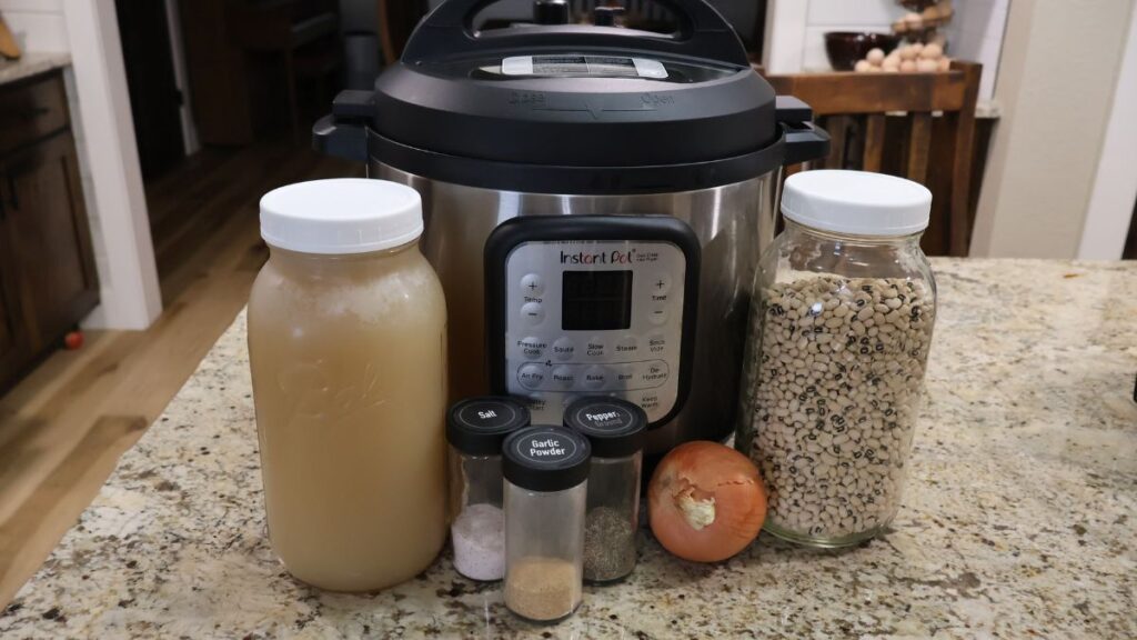 ingredients for black eyed peas recipe pressure cooker displayed on countertop