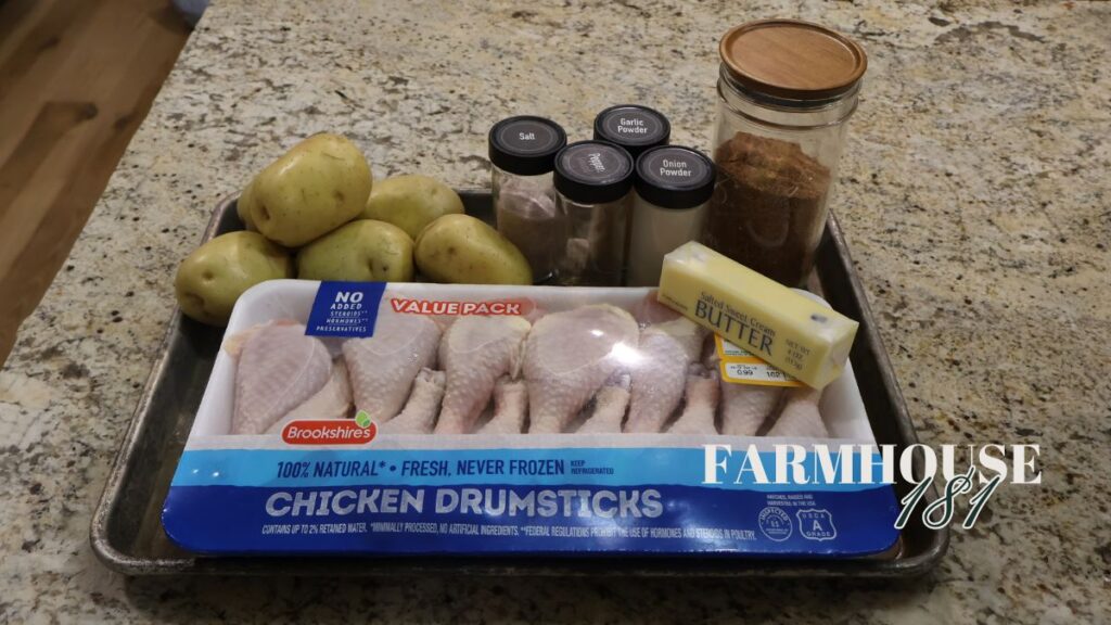 one pan roasted chicken and vegetables ingredients displayed