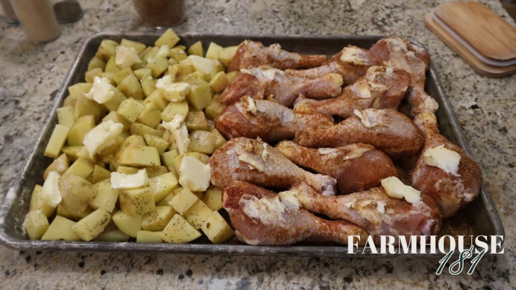 one pan of chicken and vegetables ready to go into oven