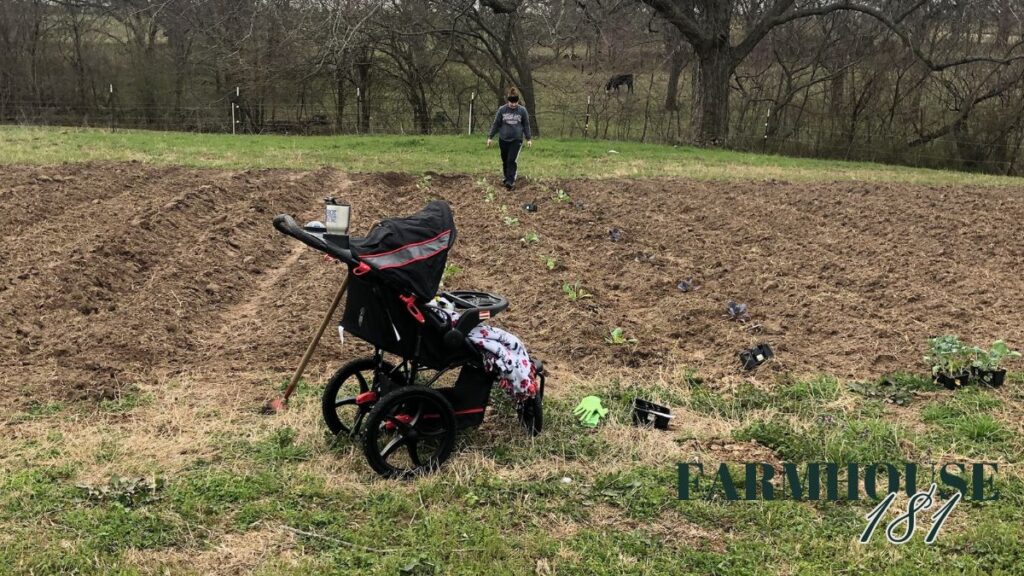 woman planting in ground garden with baby in stroller parked beside it