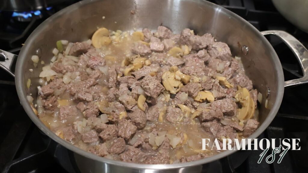 beef mixture in skillet for stroganoff recipe