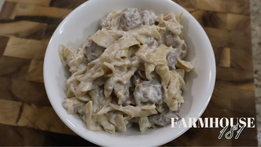 stroganoff in bowl with overhead view