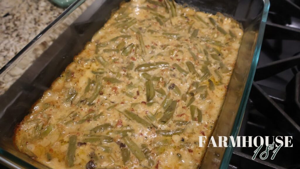 green bean casserole before being topped with french fried onions