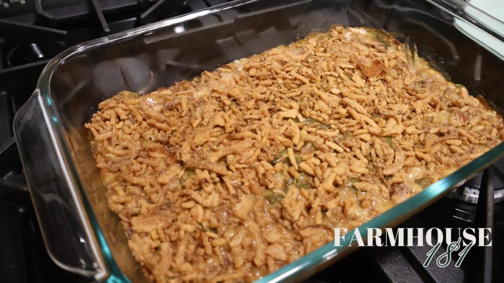 cooked green bean casserole in baking dish