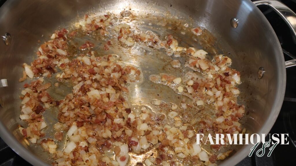 onions, butter, bacon and garlic in skillet